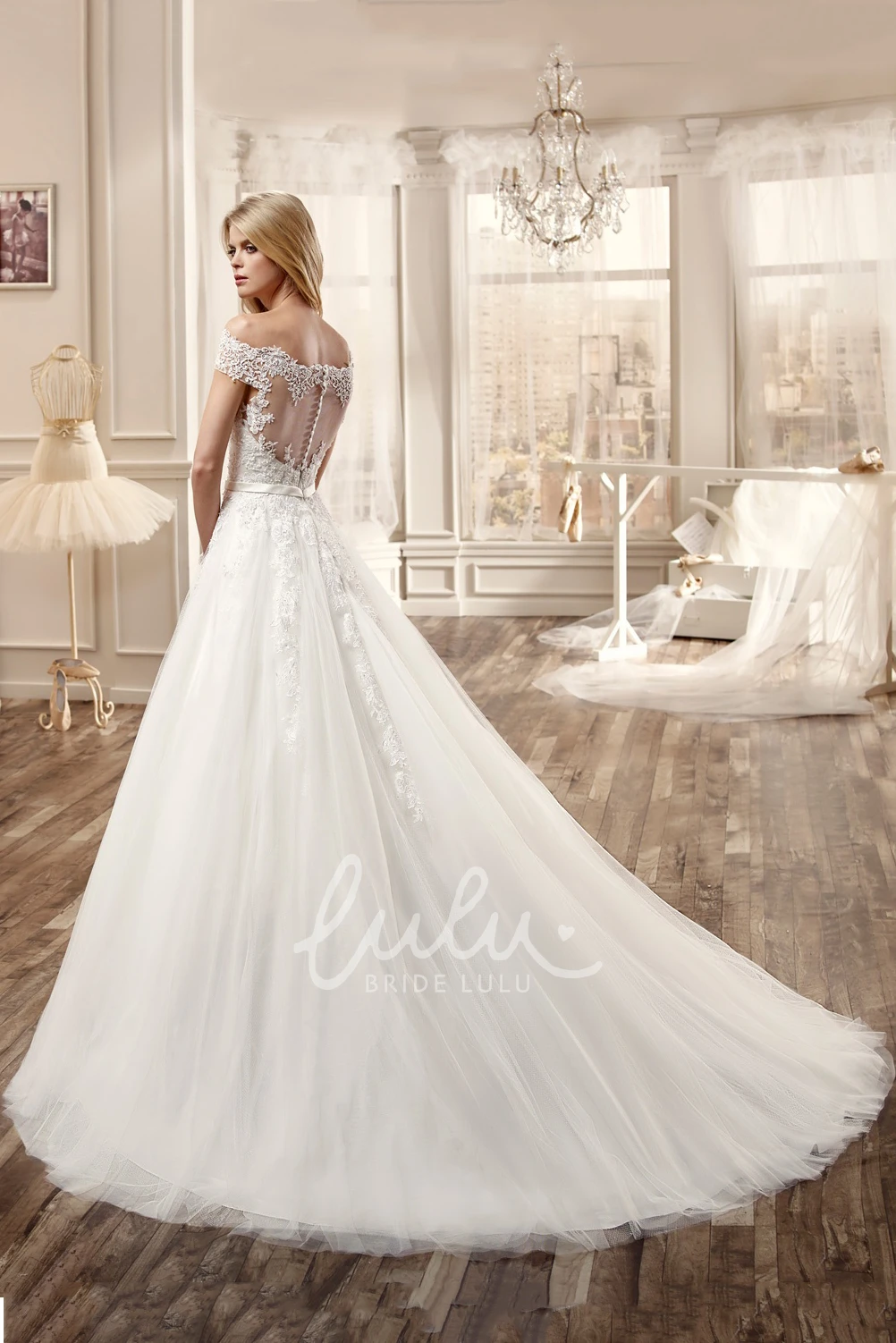 Lace Off-Shoulder A-Line Wedding Dress with Deep-V Romantic Bridal Gown