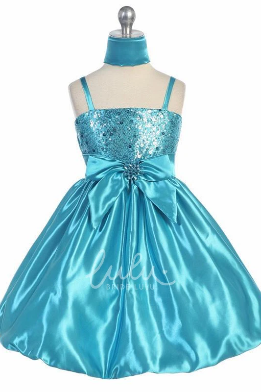 Cap-Sleeve Sequin and Satin Flower Girl Dress with Bow and Cape Knee-Length Chic