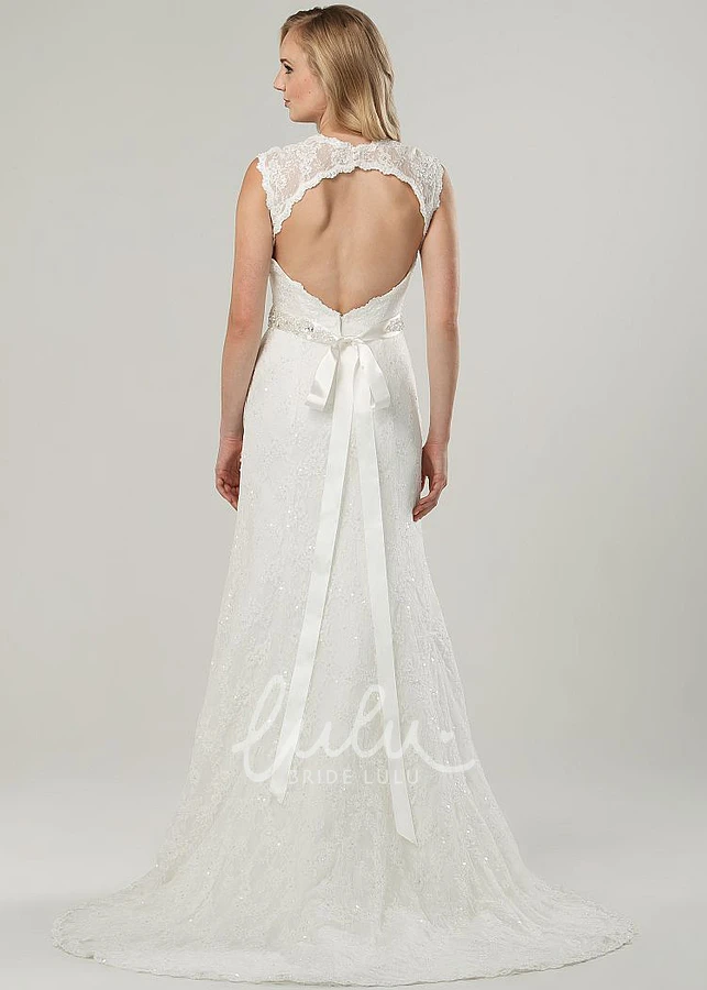 Beaded V-Neck Lace Wedding Dress with Bow and Sweep Train Elegant Bridal Gown