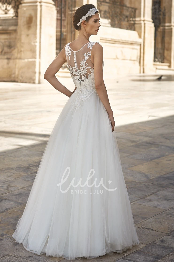 Embroidered Tulle A-Line Wedding Dress with Pleats Floor-Length and Sleeveless