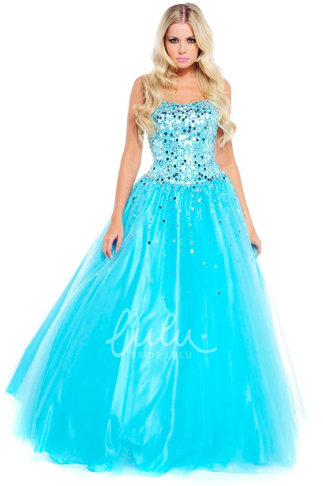 Sequined A-Line Strapless Tulle&Satin Prom Dress Sleeveless Floor Length