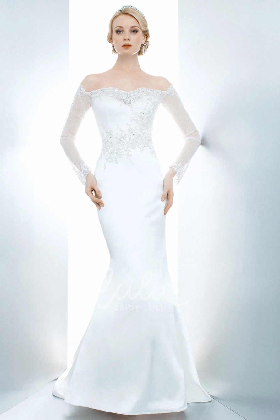 Off-The-Shoulder Satin Mermaid Wedding Dress with Illusion Sleeves