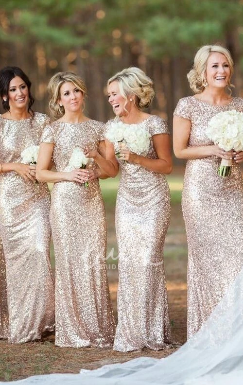 Sequin Bateau Cap Sleeve Prom Dress for Bridesmaids