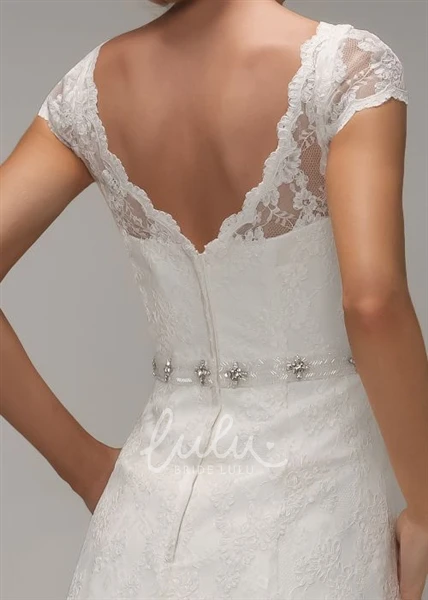 V-Neck Cap-Sleeve Lace Wedding Dress with Jeweled Appliques and V Back Stunning Bridal Gown