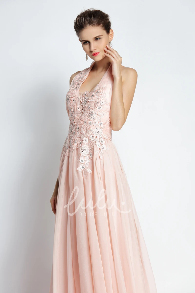 Halter Chiffon A-Line Prom Dress with Appliques and Beading Sweep Brush Train
