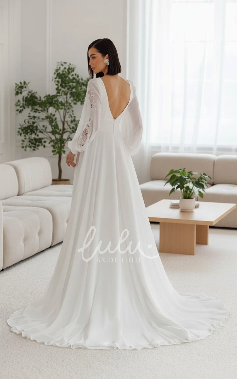 Modern A-Line Lace Flower Long Puff Sleeves Wedding Dress Simple Flowy Chiffon Plunge V Back Bridal Gown