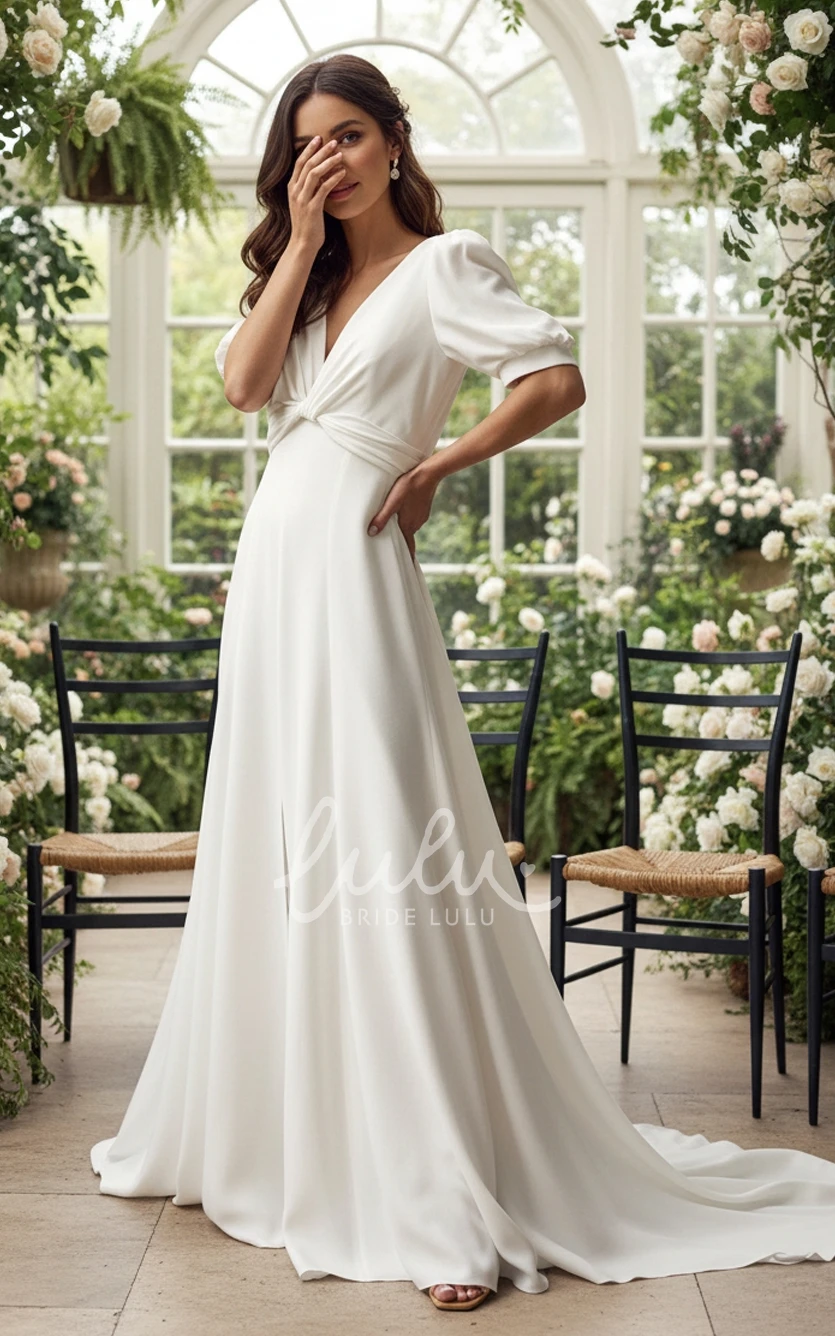 A-Line Minimal Puff Sleeve Wedding Dress Simple Sheath V Neck Slit Bridal Gown for Outdoor Weddings