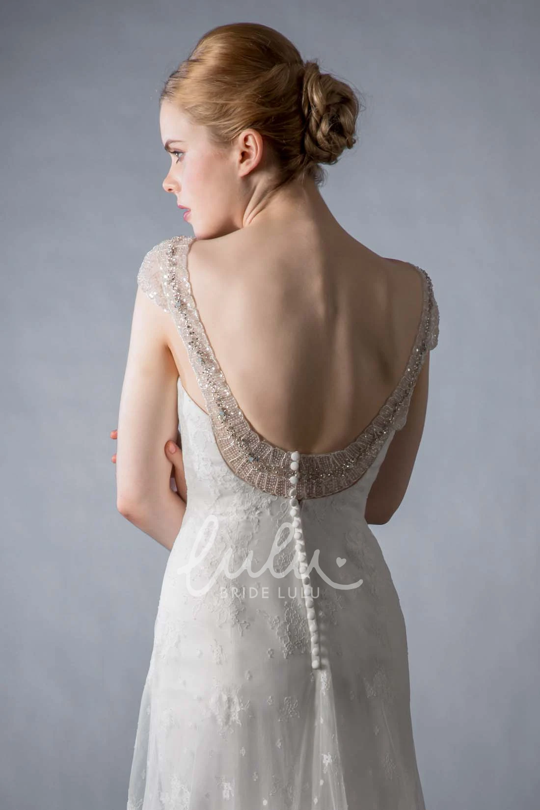 Lace Appliqued A-Line Wedding Dress with Cap-Sleeves and Deep-V Back