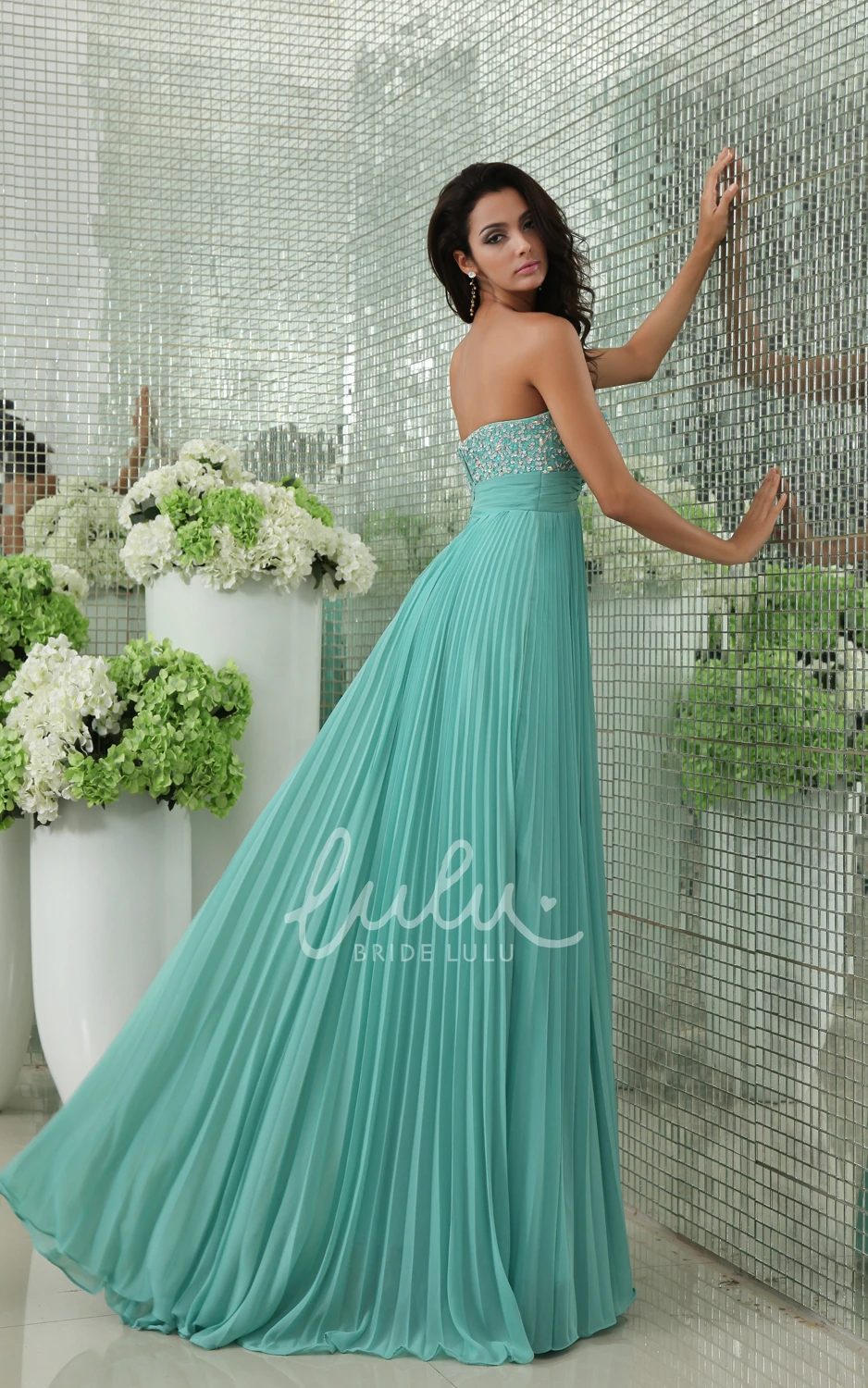 Chiffon Prom Gown with Sequined Bodice Flowy Empire Pleated