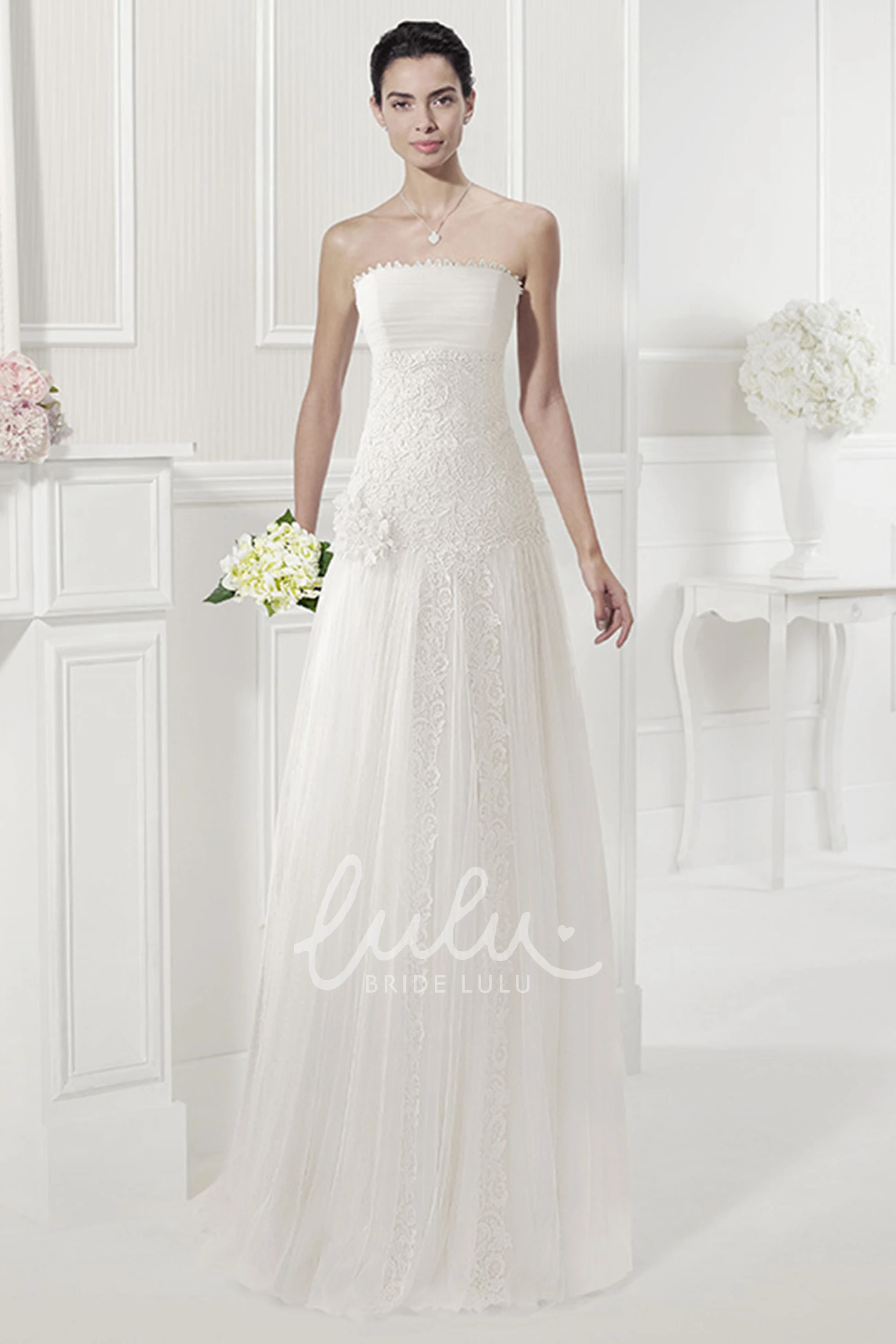 Applique Tulle Drop Waist Dress with Flower Unique Wedding Gown