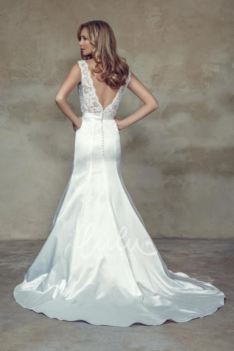 Satin Wedding Dress with Appliqued V-Neck and Beaded Deep-V Back Sleeveless Sheath