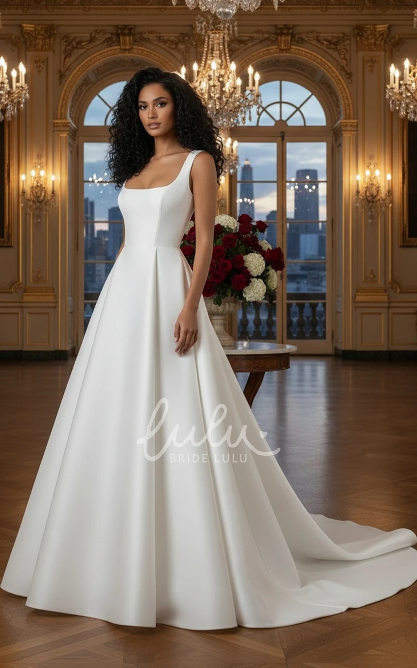 Modern Simple Square Neck Wedding Dress A-Line Sleeveless Satin Bridal Gown