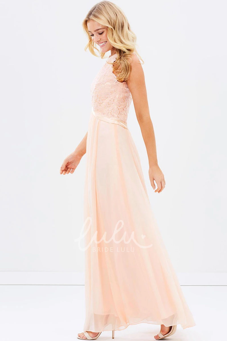 Chiffon Appliqued Bridesmaid Dress with Scoop Neck and Ribbon Sleeveless