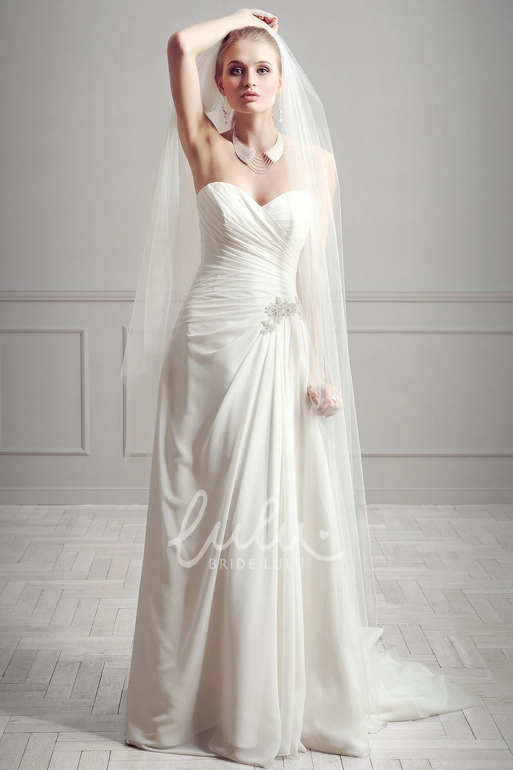 Sweetheart Sleeveless Chiffon Sheath Wedding Dress with Side-Drape and Broach at Floor-Length