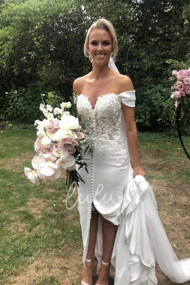 Off-the-Shoulder Satin Sweetheart Wedding Dress with Lace and Button Details