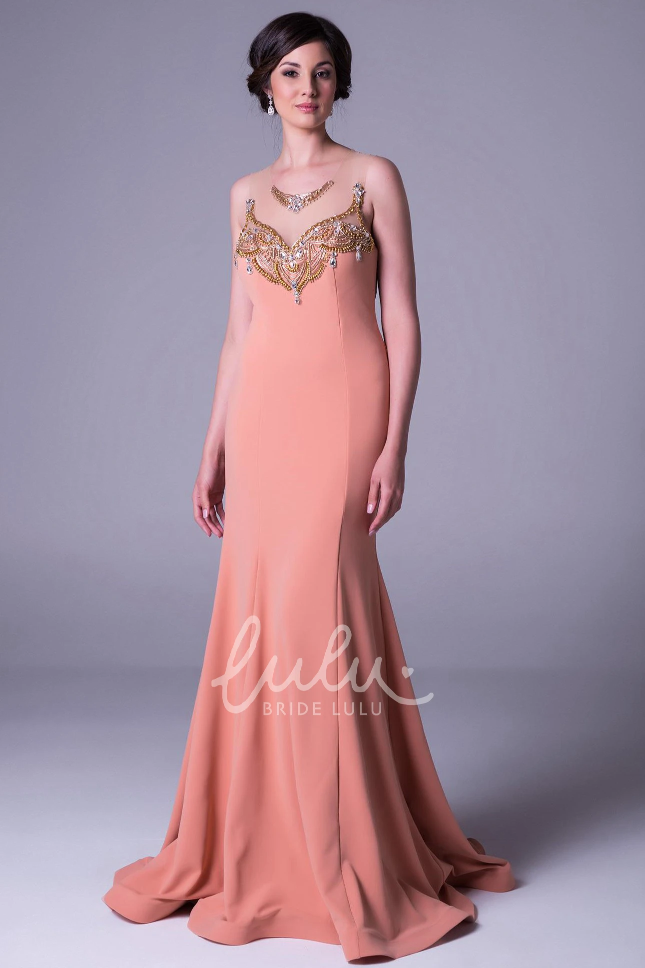 Sleeveless Beaded Sheath Jersey Prom Dress with Long Length