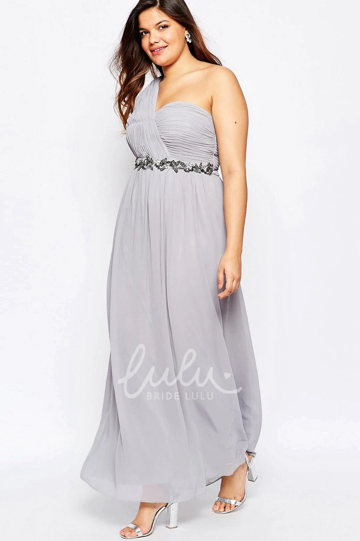 One-Shoulder Ruched Chiffon Bridesmaid Dress Ankle-Length with Waist Jewellery