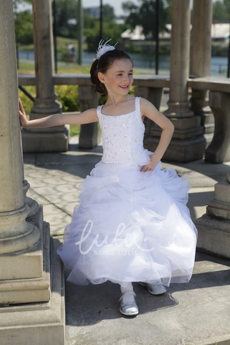 Organza Flower Girl Ball Gown with Square Neckline and Ruffled Skirt