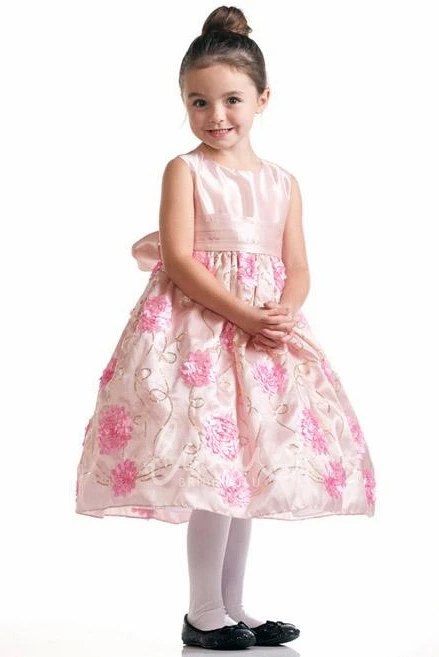 Floral Embroidered Tea-Length Flower Girl Dress with Bow Modern Dress for Girls