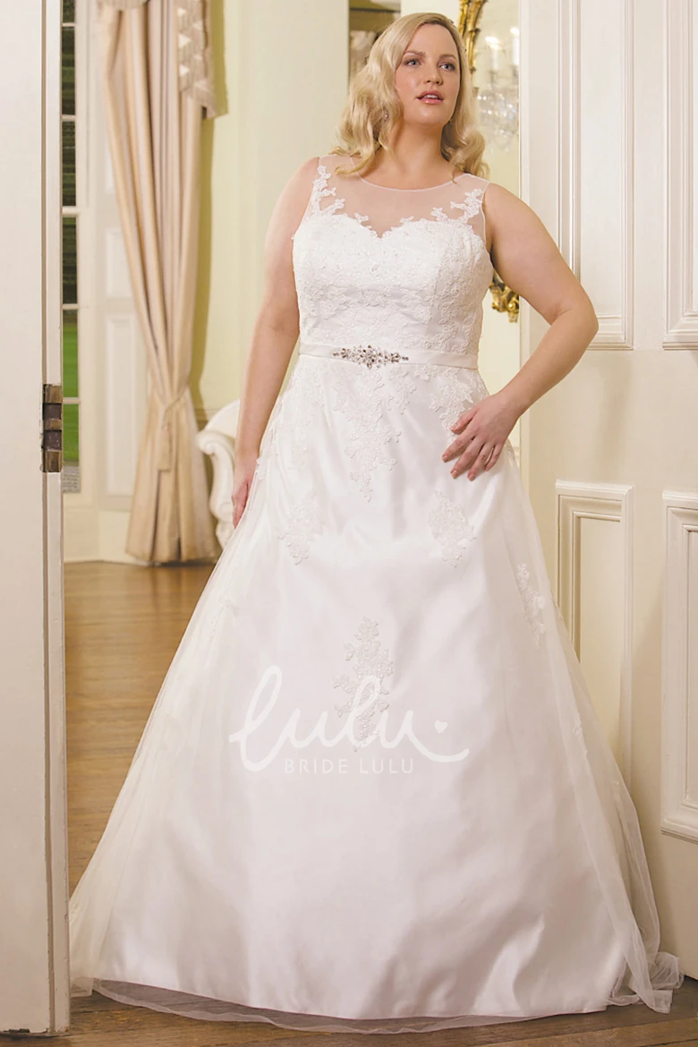 Plus Size A-Line Satin Wedding Dress with Appliques and Waist Jewelry