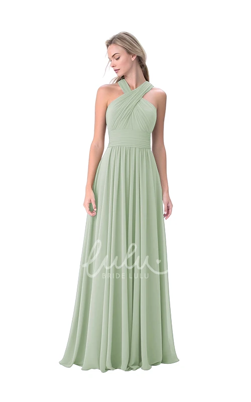 A-Line Chiffon Halter Neck Bridesmaid Dress with Ruching Classy Wedding Dress
