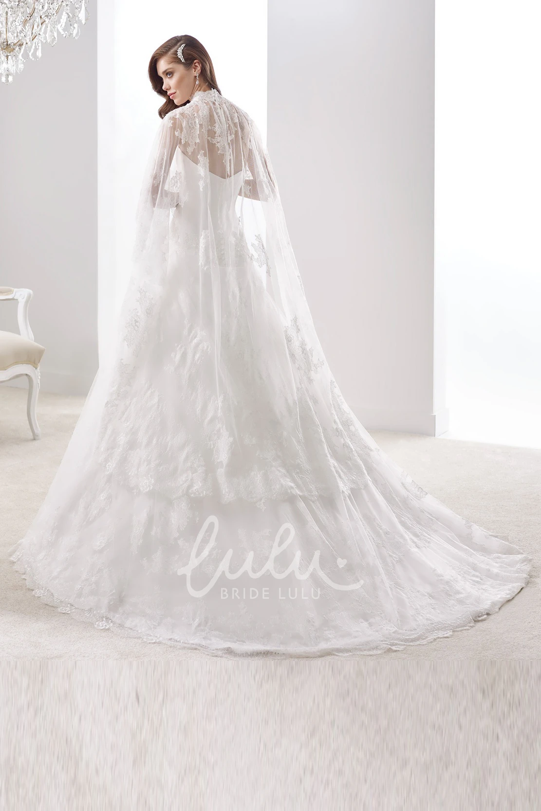 Side Floral Ruffles High-Neck Cape-Train A-line Wedding Dress