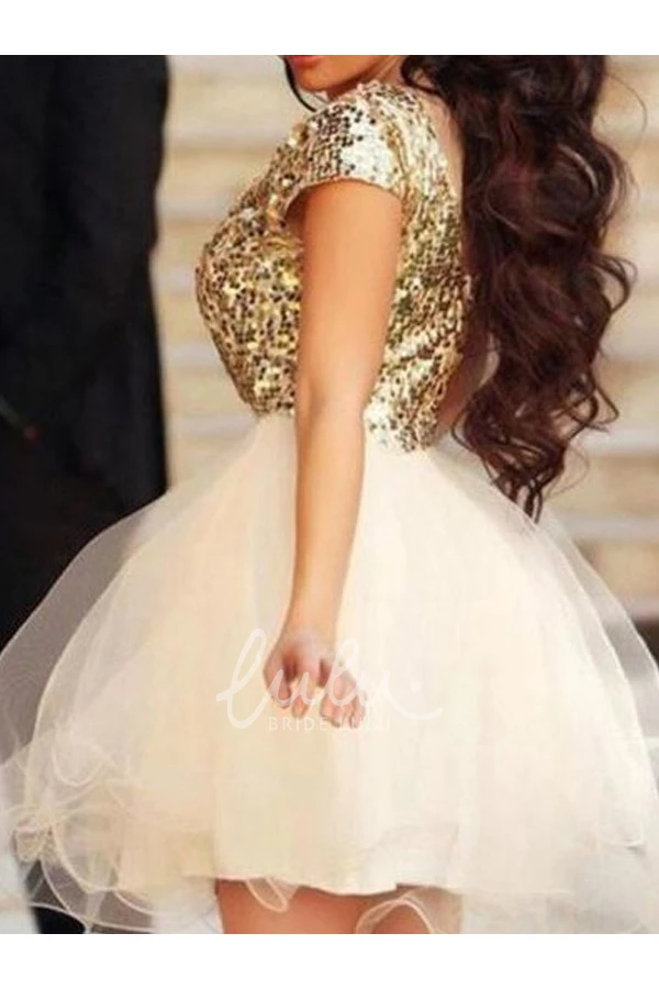 Bateau Ruffle Short Sleeve Sequin A-line Homecoming Dress