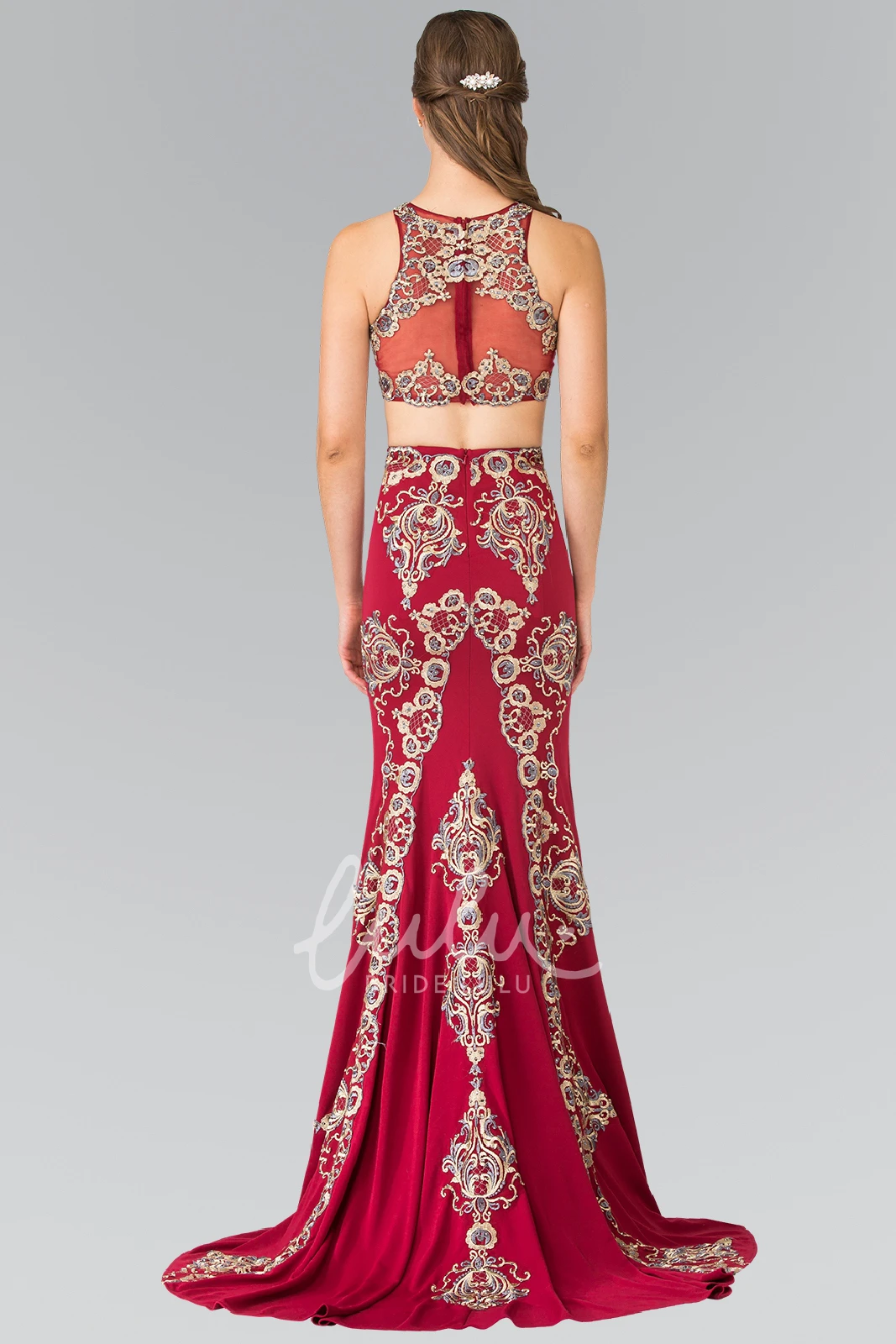 Two-Piece Jersey Illusion Prom Dress with Appliques Sheath Maxi Jewel-Neck