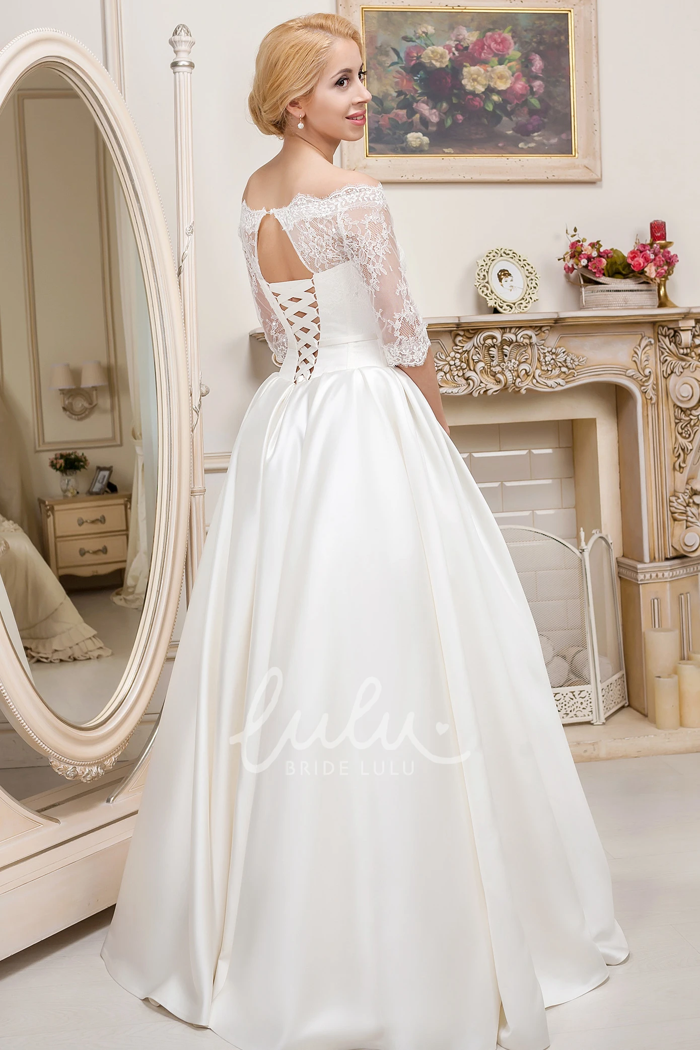 Off-The-Shoulder Lace Satin Wedding Dress Half-Sleeve Floor-Length