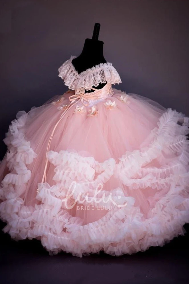 Sweetheart Cap-Sleeve Floral Flower Girl Dress with Low-V Back