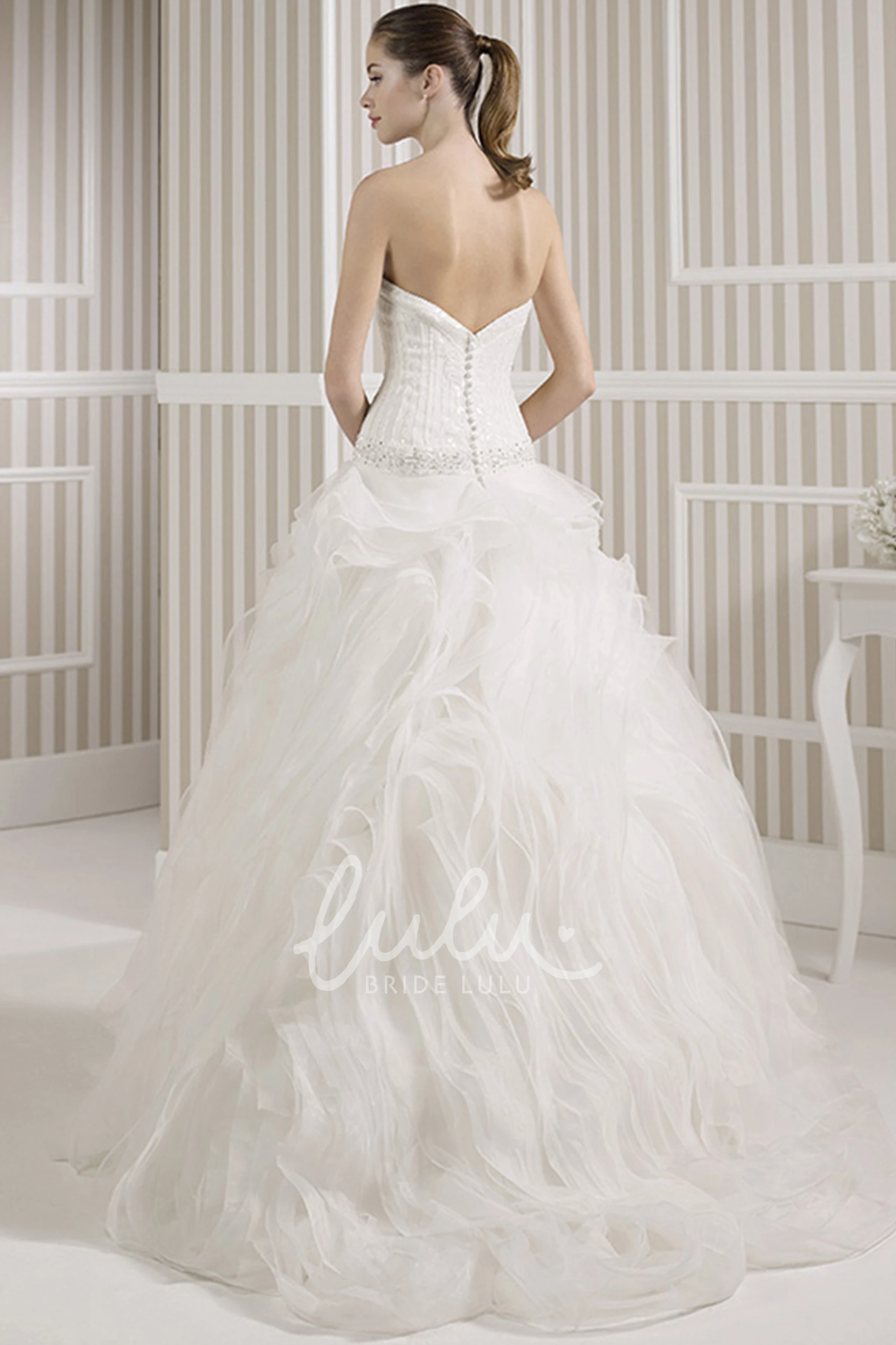 Beaded Tulle Wedding Dress with Ruffles and V Back A-Line Sweetheart Maxi