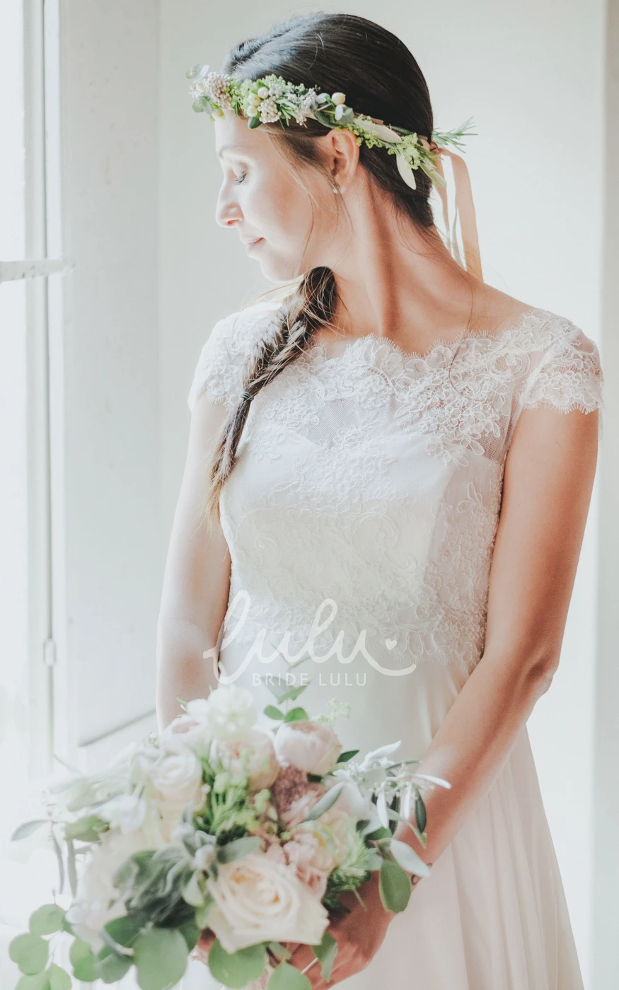 Charming Jewel Sweep Train A Line Chiffon Wedding Dress with Appliques Classy Bridal Gown