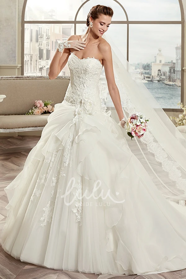 Floral A-Line Wedding Dress with Side Ruffles and Open Back