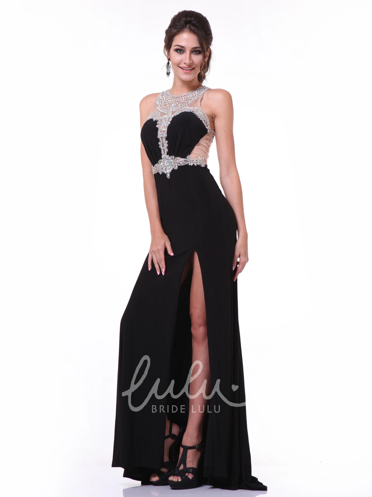 Jewel-Neck Sleeveless Jersey Formal Dress with Beading and Illusion