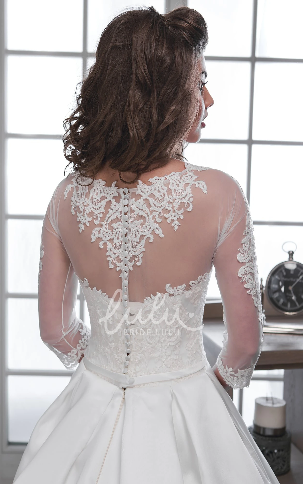 Satin Illusion Wedding Dress with 3/4 Sleeves and Appliques