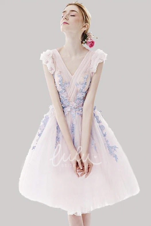 Cute Knee Length Tulle Dress with Cap Sleeves and Floral Appliques Prom Dress