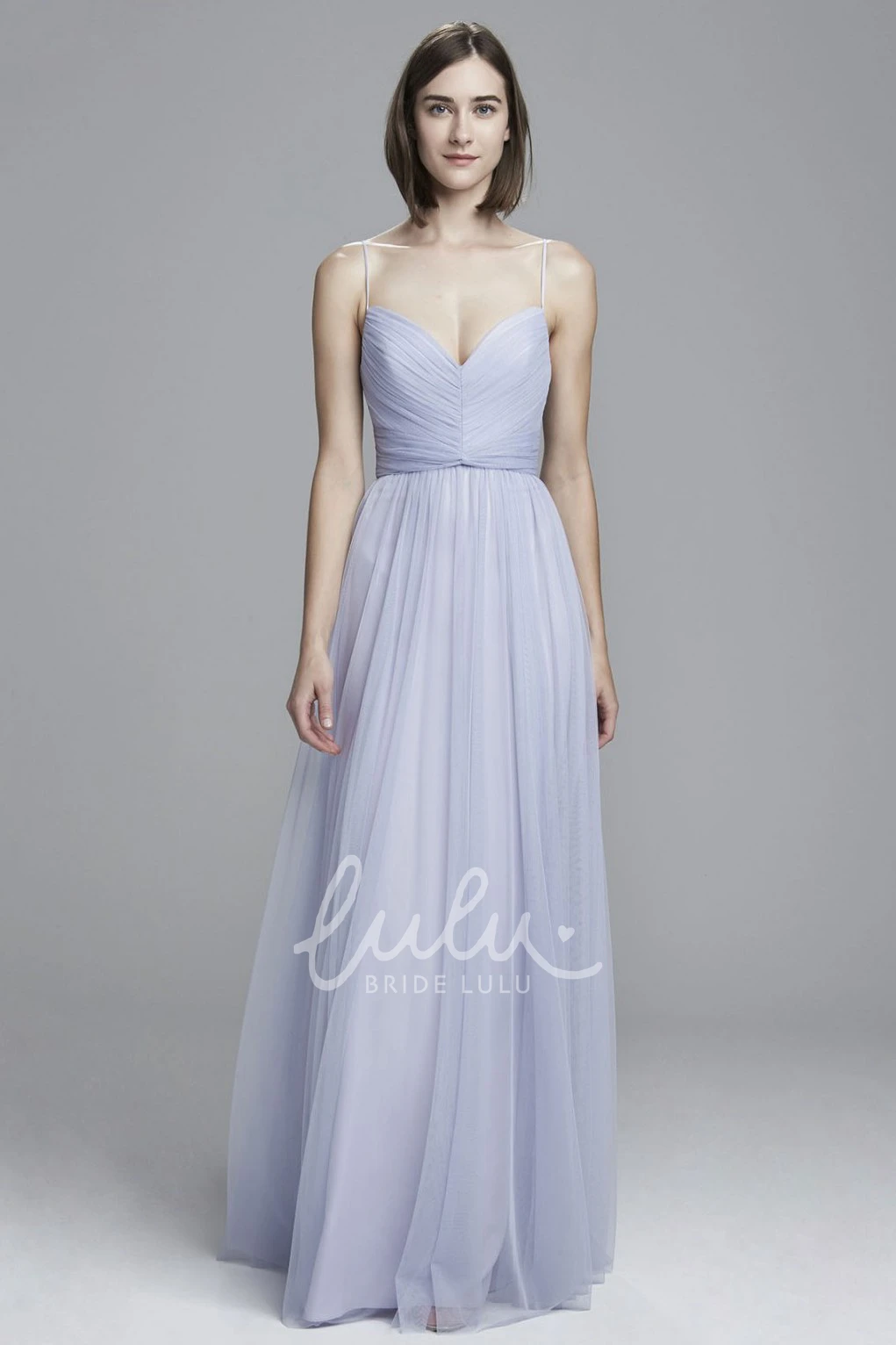 Spaghetti Tulle Bridesmaid Dress with V-Back Pleats and Floor-Length Design