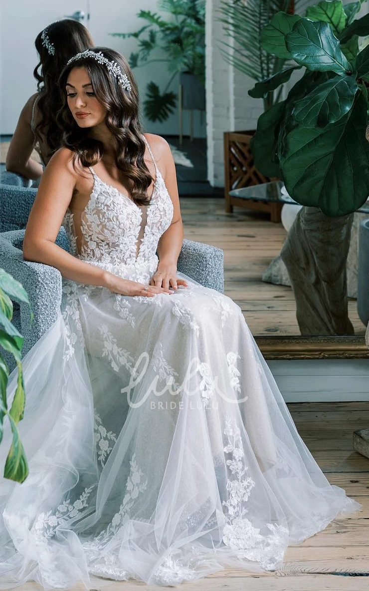 Elegant A-Line Country Wedding Dress Sexy Deep-V Back Lace Petals Gown with Sweep Train