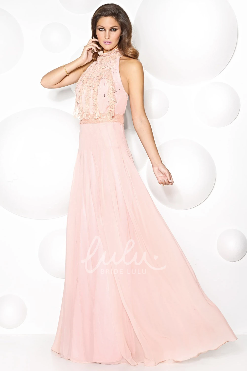 Sleeveless High-Neck Lace A-Line Chiffon Long Prom Dress Modern Formal Dress