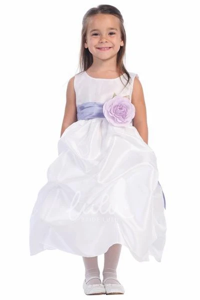 Ruched Taffeta Tea-Length Flower Girl Dress with Sash Unique Prom Dress