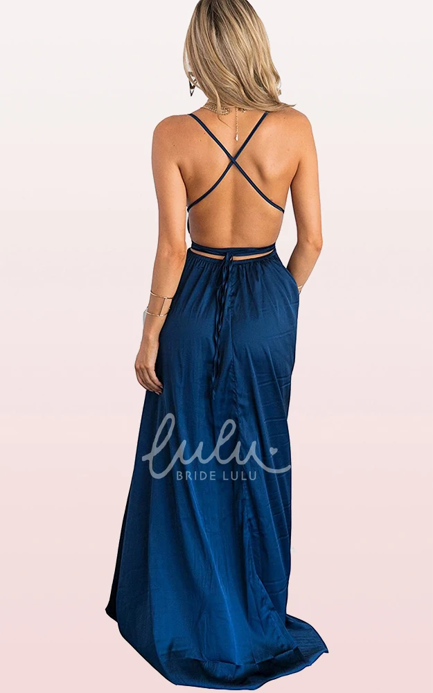 Romantic Satin V-neck A-line Guest Dress with Ruffles and Split Front Formal Dress