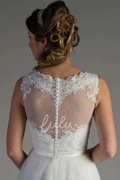 Lace Top Beaded A-Line Tulle Wedding Dress with Scalloped High Neck