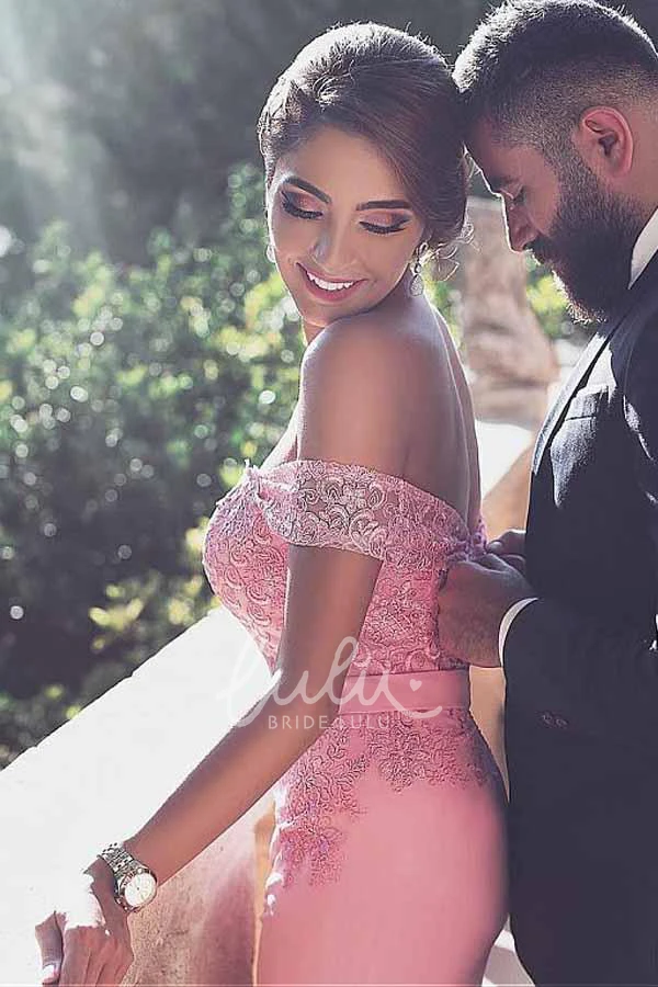 Satin Lace Off-the-shoulder Sheath Formal Dress Cap Short Sleeve