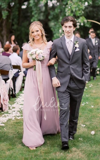 Chiffon Bridesmaid Dress Casual A Line V-neck Cap Sleeves Deep-V Back