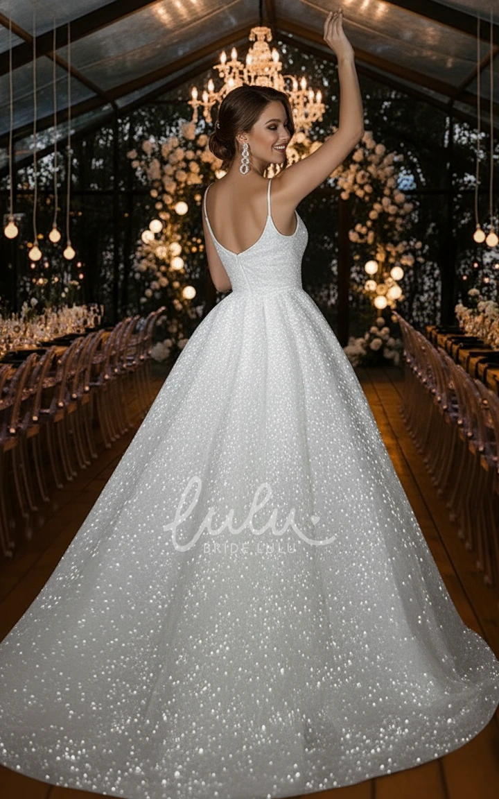 Sexy Elegant Ethereal Sequins Spaghetti A-Line V-neck Modern Floor-length Sleeveless Zipper Low-V Straps Back Wedding Dress
