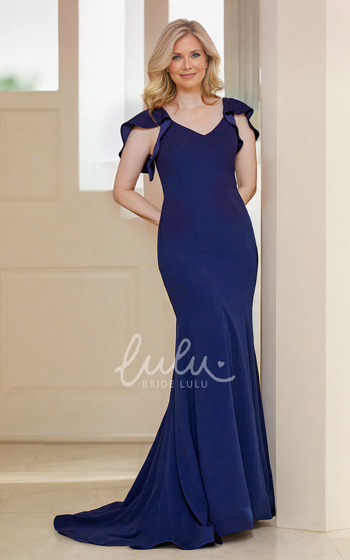 Floor-length Bat Sleeve Mermaid V-neck Elegant Solid Blue Peplum Evening Cocktail Dress