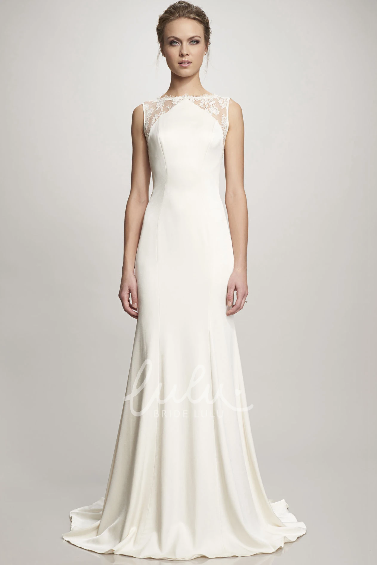 Lace Satin Wedding Dress with Illusion Back and Sweep Train A-Line Sleeveless