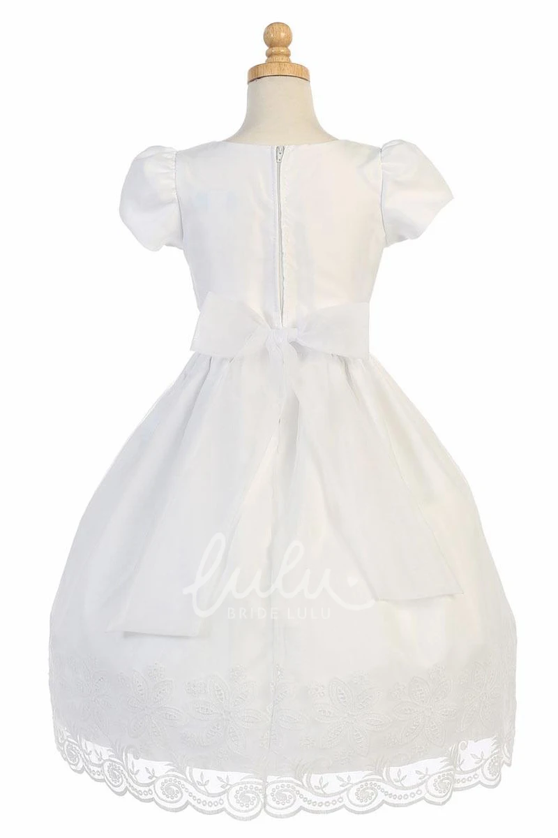 Cap-Sleeve Tiered Organza Tea-Length Flower Girl Dress with Embroidery and Floral Design