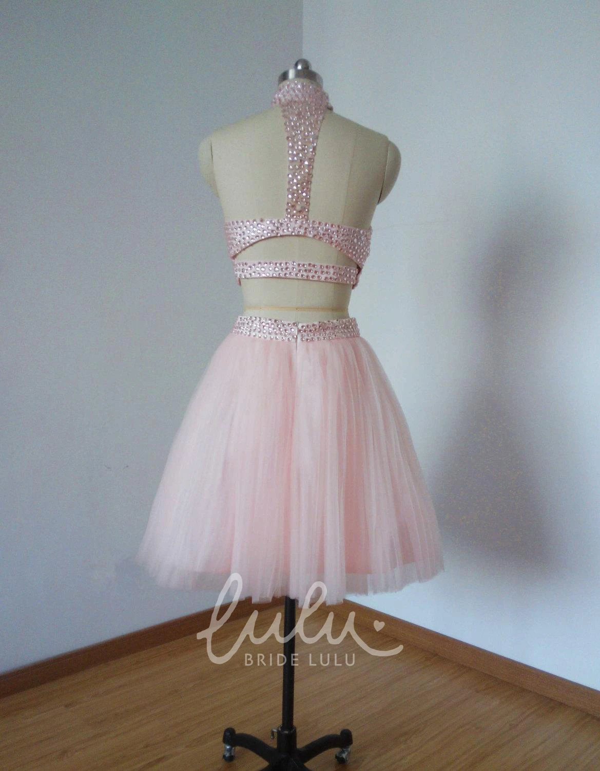 Two Piece Halter Beaded Tulle Cocktail Dress Lovely Prom Dress