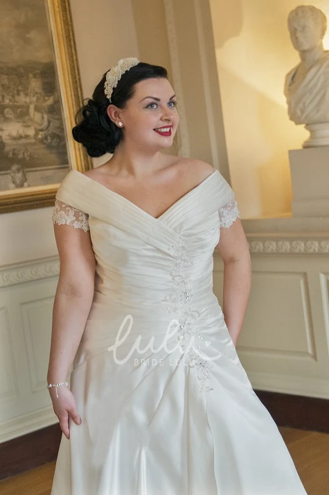 Off-Shoulder Taffeta Lace Wedding Dress with Short Sleeves and Pink Floral Sash